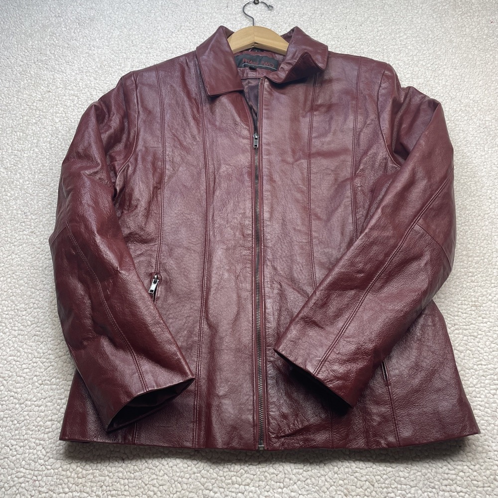 Phase‎ Two Jacket Women L Burgundy Leather Full Zip Collared Classic Minimalist